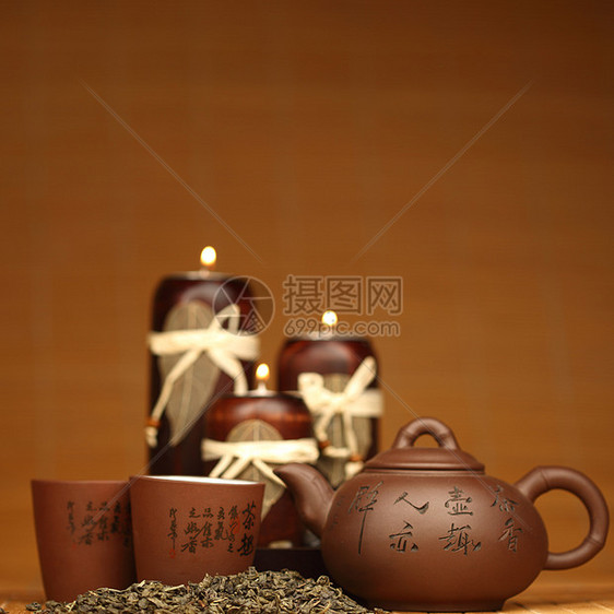 中国茶植物茶壶竹子咖啡店宏观金子厨房仪式陶器杯子图片