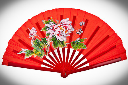 红东方中国风扇 在白背景上被孤立文化手工扇子折叠木头艺术冷却纪念品竹子空气图片