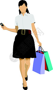 带袋的可爱购物女士 矢量彩色插图裙子女孩手机经理领带微笑商业衣服案件女性图片