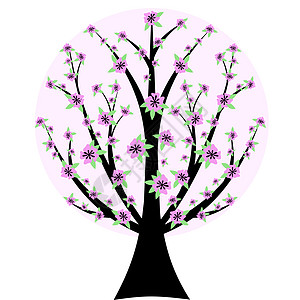 樱花树黑色装饰树干插图植物季节生长白色绿色粉色图片