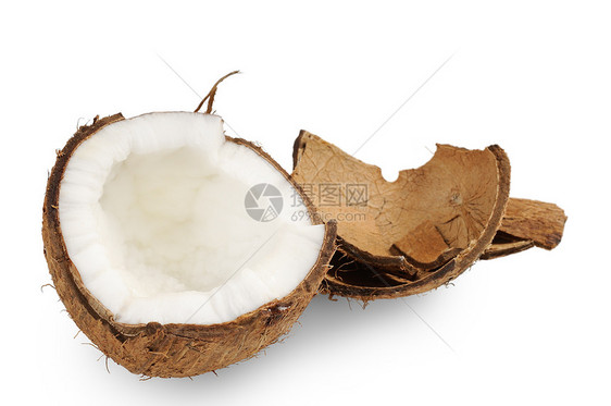 新鲜椰子和椰子壳白色坚果棕榈情调饮食棕色水果热带异国可可图片