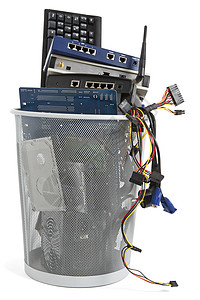 垃圾桶中电子废料回收废纸电缆电脑线计算机垃圾设备行业鼠标电源盒图片