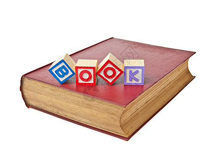 白色背景上隔开字母块的旧书学习教育图书教科书历史蓝色红色知识眼睛智慧图片