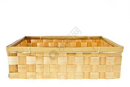 在白色背景中孤立的 Wicker 盒正方形棕色工艺圆形辫子胸部盒子荆棘树干尺寸图片