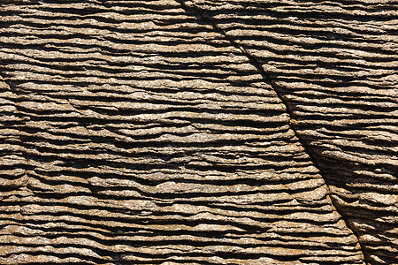 薄饼岩Punakaiki背景裂缝编队岩石地形植物侵蚀沉积煎饼石灰石分层图片