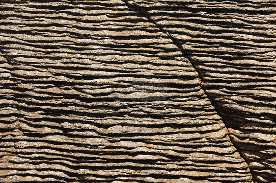 薄饼岩Punakaiki背景裂缝编队岩石地形植物侵蚀沉积煎饼石灰石分层图片