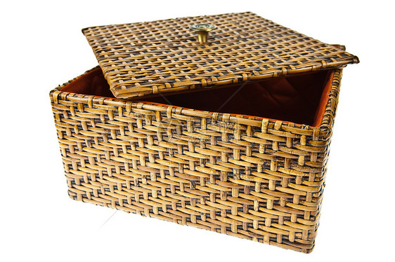在白色背景中孤立的 Wicker 盒盒子圆形辫子食物棕色案件午餐野餐荆棘尺寸图片