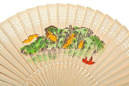 白色背景孤立的东方木制中国风扇艺术冷却木头工艺竹子文化折叠空气纪念品手工图片