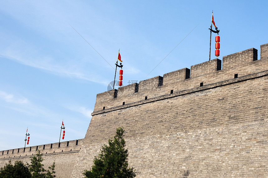 中国西安历史古城墙城市文化天空建筑学地标中心历史性灯笼观光旅行图片