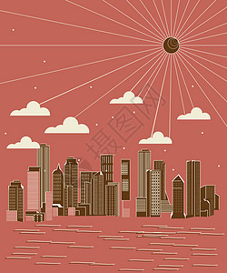 城市天线插图红色艺术风格退格房子摩天大楼天空装饰草图图片