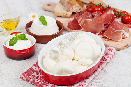 意大利莫扎里拉食物盘子奶制品营养绿色白色饮食红色小吃火腿图片