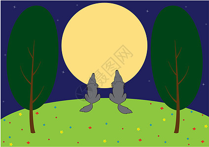 草地上的狼群行动控制空地危险动物树木插图蓝色故事紫色图片