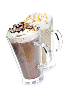 热巧克力和咖啡饮料白色棕色糖浆杯子鞭打拿铁奶油褐色可可巧克力图片