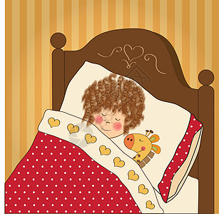 小女孩和玩具上床睡觉枕头朋友乐趣房间卷曲女孩毯子插图图片