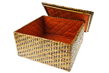 在白色背景中孤立的 Wicker 盒盒子荆棘食物胸部树干柳条午餐案件野餐辫子图片