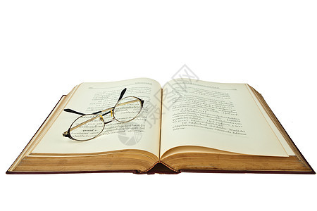 以白色背景上孤立的眼镜打开书本历史纸基眼睛知识棕色智慧经典出版物知识分子绿色图片
