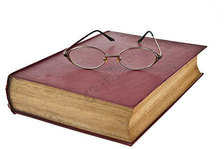 旧书 用白色背景孤立的眼眼镜教科书知识图书出版物文档棕色教育经典文学团体图片