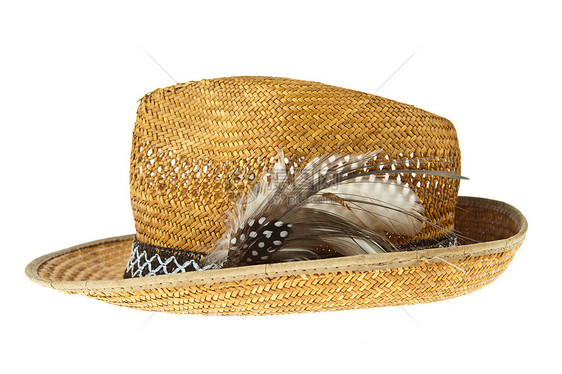 美丽的传统巴拿马帽 羽毛装饰孤立文化柳条黑色乡村帽子纪念品乐队棕色白色戏服图片