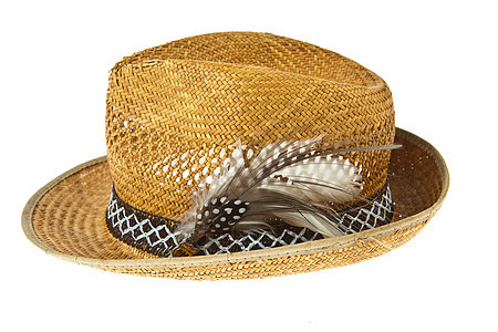 美丽的传统巴拿马帽 羽毛装饰孤立文化白色纪念品戏服边缘派对丝带柳条乐队棕色图片