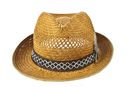 美丽的传统巴拿马帽 羽毛装饰孤立帽子丝带棕色乡村纪念品白色乐队黑色派对柳条图片