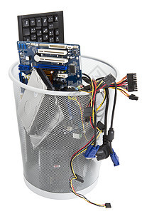 垃圾桶中电子废料内存硬盘键盘计算机大容量废纸垃圾电源盒网络设备图片