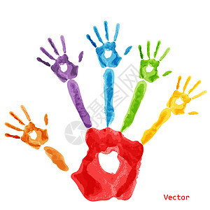 色彩多彩的手印油漆拇指蓝色孩子材料工艺童年指纹身份棕榈艺术品图片