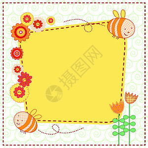 美丽的花朵和可爱的蜜蜂熊蜂风格装饰绘画乐趣草地包装插图植物群叶子图片