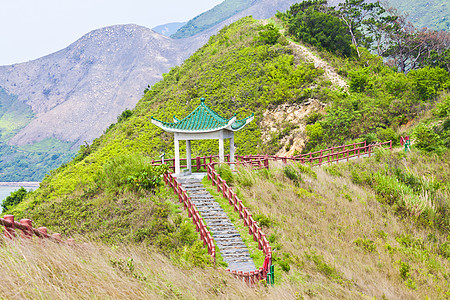 在山中漫步和登山爬坡晴天松树森林小路风景木头人行道蓝色天空图片