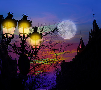 巴塞罗那街灯的背面灯笼蓝色戏剧性光灯月亮辉光大道街道建筑学灯柱图片