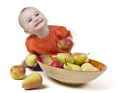 有苹果和梨子的婴儿健康饮食营养品水果孩子快乐小吃食物白色图片