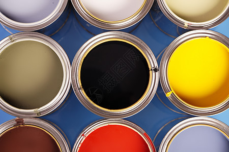油漆罐染料墨水黄色金属液体装潢工作室房子创造力颜料图片