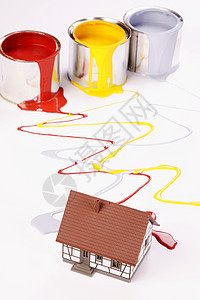 绘画概念画笔液体工作室画家白色房子装潢金属颜料染料图片