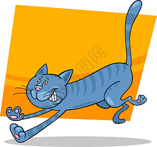 正在运行的蓝色标签猫卡通片虎斑胡须动物尾巴宠物绘画猫科小猫漫画图片