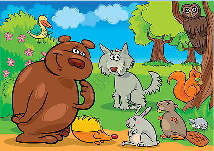 野林森林动物兔子老鼠卡通片绘画插图草地猫头鹰团体天空友谊图片
