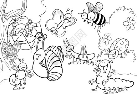 在草地上的卡通昆虫 用于涂色卡通片蜜蜂动物群插图衬套蜗牛瓢虫蝴蝶教育臭虫背景图片