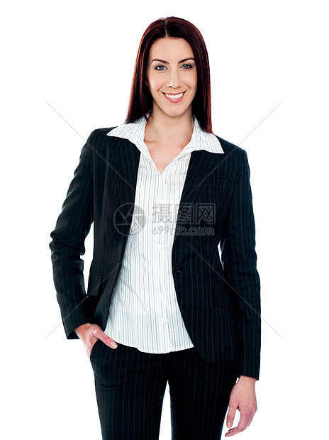 时髦的女商务人士手亲手在口袋里摆姿势图片