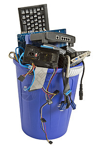 蓝色垃圾桶中电子废料绳索电脑线设备键盘回收电子产品废纸网络大容量电缆图片