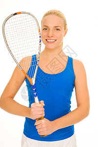 穿壁球衣的妇女头发娱乐球拍运动金发女郎女子健身房金发微笑年轻人图片