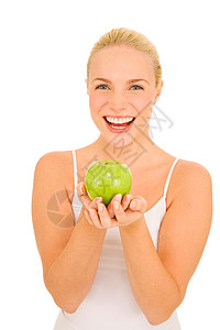 拥有绿苹果的妇女金发饮料女士金发女郎食物成人头发健康饮食年轻人水果图片