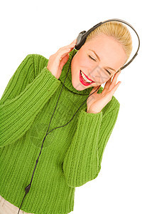 妇女用耳机听音乐金发女郎微笑金发年轻人头发音乐成人女子女士背景图片