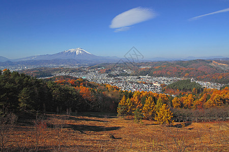 山地蓝天空黄色季节蓝色树叶绿色红色天空全景图片