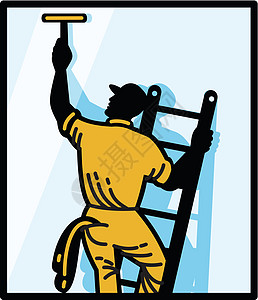 窗口清洁工人清理梯子 Retro插图男性正方形艺术品刮板男人洁剂图片