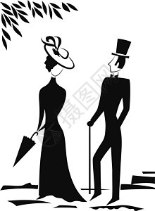 绅士和女士女性帽子丈夫公园妻子卡通片绘画朋友插图骑士图片