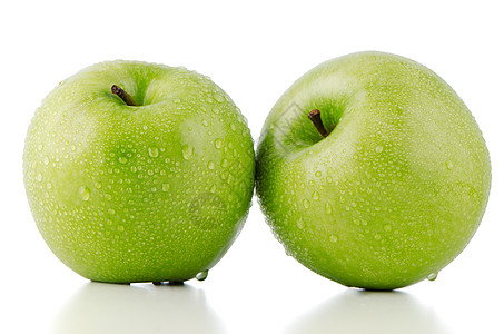 两个新鲜绿苹果食欲果汁水滴饮食农业收成营养保健餐饮晴天图片