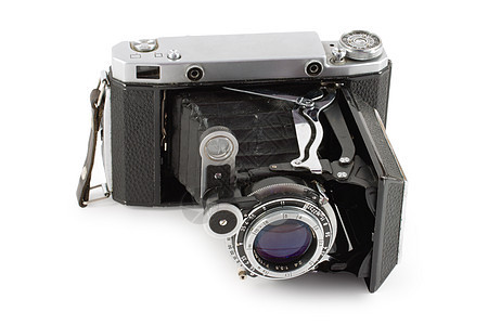 旧折叠相机镜片照片黑色古董金属风格盒子快门技术摄影图片