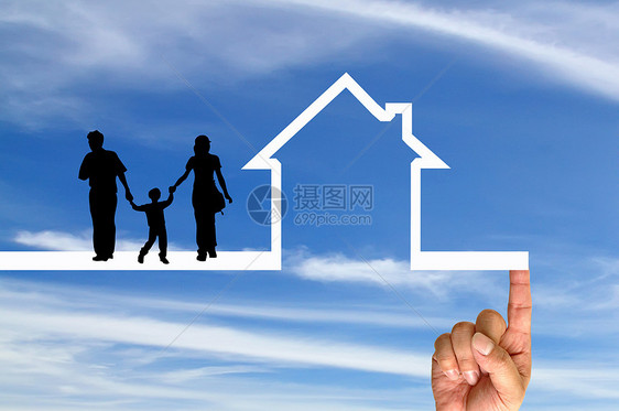 家庭之上的手和圣像屋母亲女士白色房子儿子商业父母手指住宅概念图片
