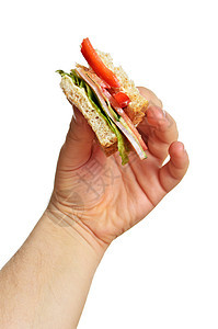 男人的手握着被咬的三明治 孤立在白色上火腿营养午餐手指手臂绿色沙拉食物小吃野餐图片