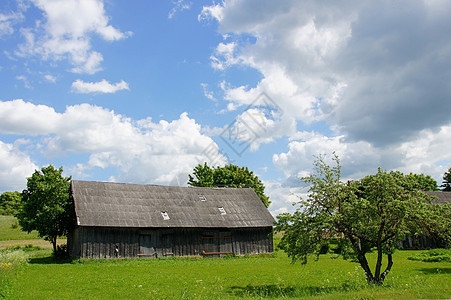 木棚天空农业芦苇绿色多云木头农村支撑国家蓝色图片