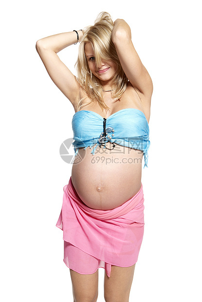 孕妇的肖像粉色成人母亲女士头发蓝色女人家长肚子披肩图片