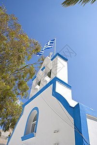 希腊语礼拜堂钟楼白色上帝游客文化天空蓝色建筑历史旅行图片